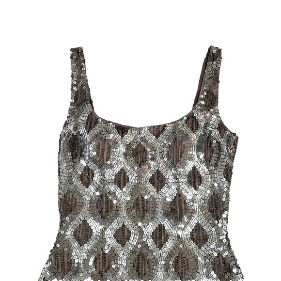 Scala Silk Sequin Beaded Cocktail Dress 2 Silver sheath Lined Sleeveless formal - Picture 7 of 16